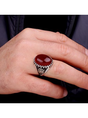 Argento Silver Oval Kırmızı Akik Taşlı 925 Ayar Gümüş Yüzük