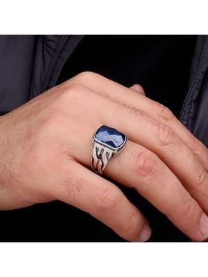 Argento Silver Mavi Zirkon Taşlı 925 Ayar Gümüş Erkek Yüzük Faset Kesimli