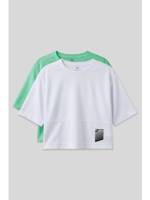 TOMMY LIFE Oversize Fit O Yaka 2li Paket Beyaz-Su Yeşili Kadın T-Shirt - 97284