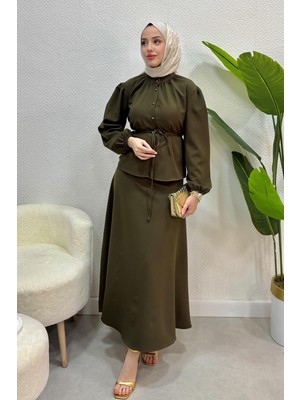 Tesettür Diyarı Kadın Krep Kumaş Gömlekli 2'li Takım-Haki