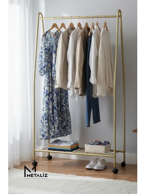 Metaliz Tekerli Metal Elbise Askılığı Taşınabilir ve Dayanıklı Raflı Giysi Standı Kıyafet Organizeri GOLD