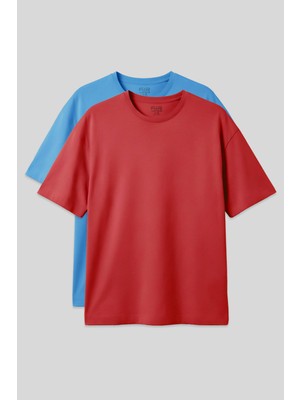 Air Jones Basic Oversize O Yaka 2li Paket Fiesta-Petrol Mavi Erkek T-Shirt - 88377