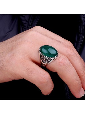 Argento Silver Oval Akik Yeşil Taşlı 925 Ayar Gümüş Yüzük