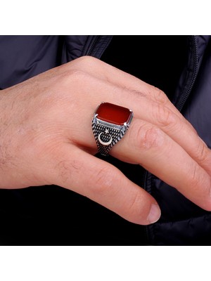 Argento Silver Kırmızı Akik Taşlı 925 Ayar Gümüş Yüzük