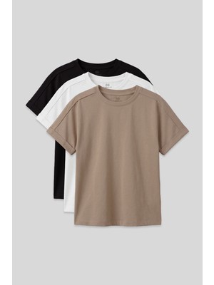 Tommy Life Oversize Fit O Yaka Basic 3lü Paket Siyah-Beyaz-Koyu Bej Kız Çocuk T-Shirt - 75182