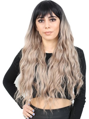 Zemira Perçemli Uzun Su Dalgası Fiber Sen Peruk/ Siyah / Küllü Bebek Sarı Ombreli