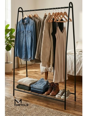 Metaliz Modern Tasarım Metal Askılık – Elbise ve Ayakkabı Düzenleyici-Siyah Dayanıklı Konfeksiyon Askısı