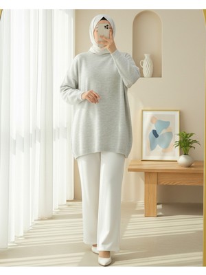 Modamorfo Yuvarlak Yaka Salaş Triko Kazak -Taş