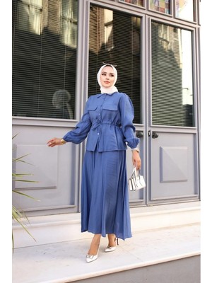Tesettür Diyarı Kadın Beli Bağlamalı Tesettür Etek Takım Indigo Mavisi