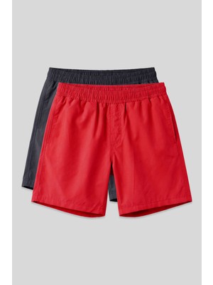 Tommy Life Standart Fit Basic 2li Paket Kırmızı-Antrasit Erkek Deniz Şortu - 81237