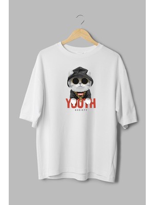 Overoz Kedi Baskılı Yarı Oversize Beyaz T-Shirt 1121