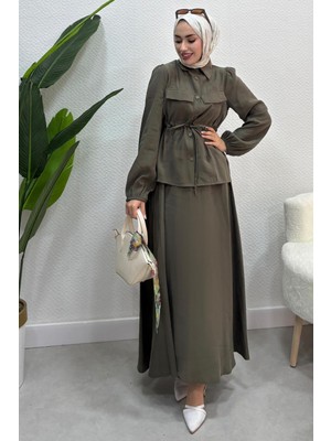 Tesettür Diyarı Kadın Beli Bağlamalı Tesettür Etek Takım Haki
