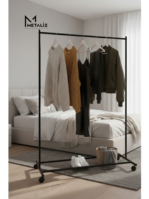 Metaliz Siyah Pratik Tekerlekli Konfeksiyon Askısı - Kıyafet Standı ve Organizer