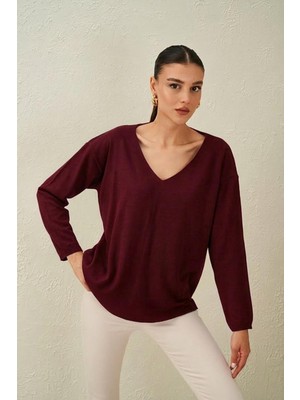Tena Kadın Bordo V Yaka Salaş Triko Kazak