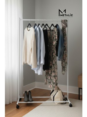 Metaliz Beyaz Pratik Tekerlekli Konfeksiyon Askısı - Kıyafet Standı ve Organizer