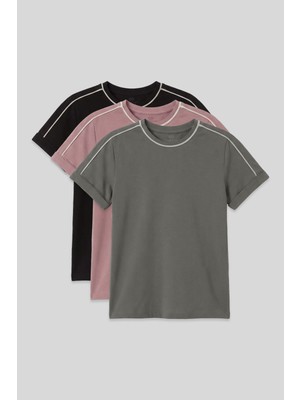 Tommy Life Standart Fit O Yaka 3lü Paket Siyah-Haki-Gül Kurusu Kız Çocuk T-Shirt - 75177
