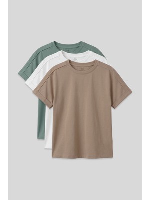Tommy Life Oversize Fit O Yaka Basic 3lü Paket Beyaz-Koyu Bej-Açık Yeşil Kız Çocuk T-Shirt - 75182