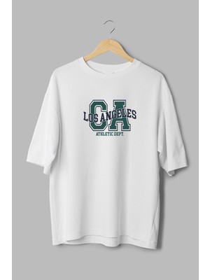 Overoz California Los Angeles Baskılı Yarı Oversize Beyaz T-Shirt 1115