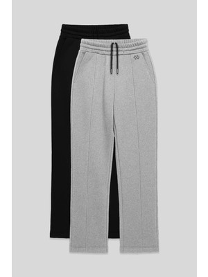 Rahat Form 2li Paket Siyah-Gri Melanj Büyük Beden Kadın Eşofman Alt - 94654