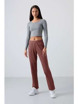 Tommy Life Kahverengi Yüksek Bel Cepli Rahat Form Klasik Paça Kadın Eşofman Alt - 94584