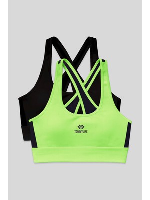 Tommy Life Slim Fit U Yaka 2li Paket Siyah-Neon Sarı Kadın Spor Büstiyer - 97121