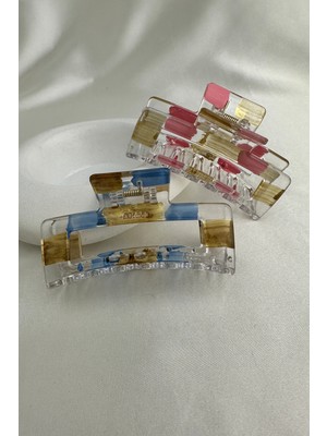 Modex Mavi Pembe Rengi Geometrik Şekilli Ikili Kıskaç Toka (9cm)