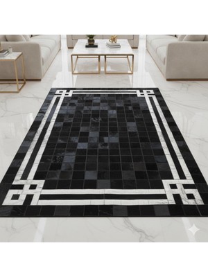 Siyah ve Beyaz Bordürlü Dana Derisi Patchwork Halı – El Yapımı Doğal Deri Dekoratif Halı