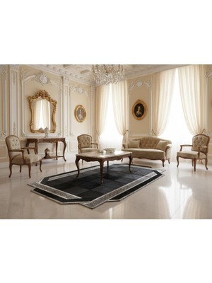 Siyah ve Gri Tonlu Bordürlü Dana Derisi Patchwork Halı – El Yapımı Doğal Deri Dekoratif Halı