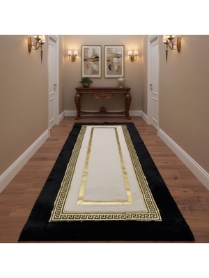 Siyah Zeminli Beyaz Merkezli Altın Bordürlü Peluş Runner Halı – Yumuşak Dokulu, Şık ve Dekoratif Halı