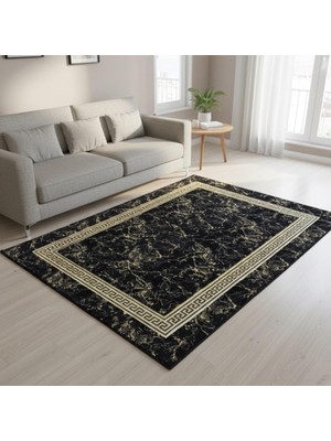 Siyah Zeminli Altın Desenli Çerçeveli Peluş Halı – Yumuşak Dokulu