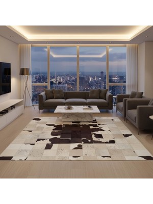 Siyah, Bej ve Açık Kahverengi Tonlu Dana Derisi Patchwork Halı