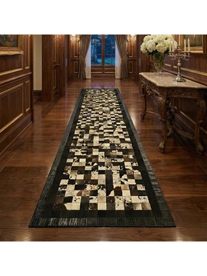 Siyah, Bej ve Kahverengi Tonlu Dana Derisi Patchwork Runner Halı