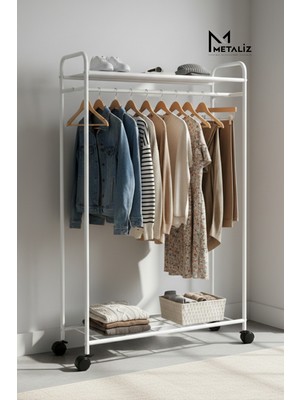 Tekerlekli Elbise Askılığı Raflı ve Taşınabilir Kıyafet Düzenleyici Stant Tekerli Beyaz