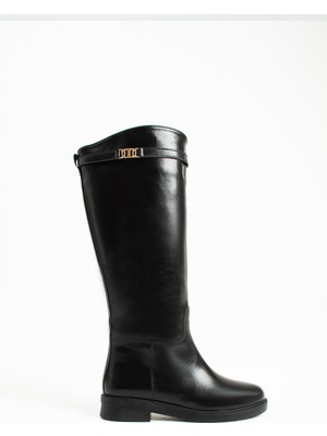 Duxal Shoes Oriana Toka Detaylı Kadın Siyah Düz Topuklu Diz Altı Deri Çizme