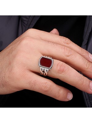 Argento Silver 925 Ayar Gümüş Erkek Yüzük Kırmızı Akik Taşlı