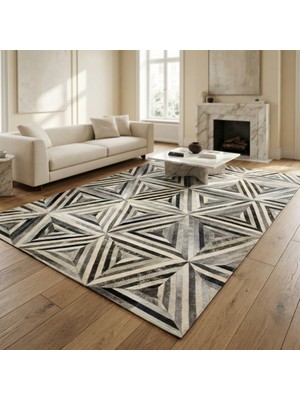 Siyah Beyaz Gri Geometrik Patchwork Dana Derisi Halı