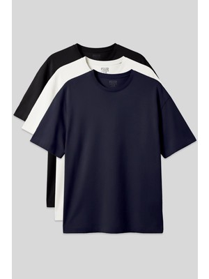 Air Jones Basic Oversize O Yaka 3lü Paket Siyah-Lacivert-Ekru Erkek T-Shirt - 88377