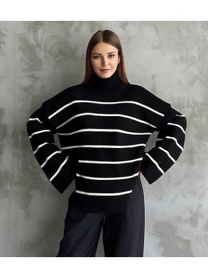 Zemira Çizgili Ispanyol Kol Triko Boğazlı Kazak Siyah Elf