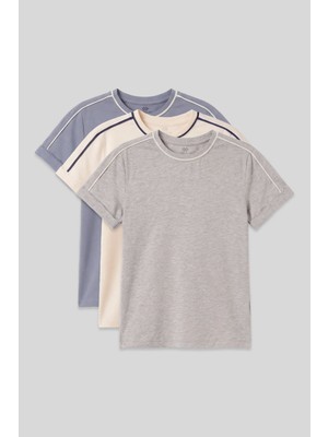 Tommy Life Standart Fit O Yaka 3lü Paket Koyu Mavi-Ekru-Gri Melanj Kız Çocuk T-Shirt - 75177