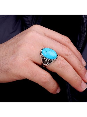 Argento Silver Oval Firuze Taşlı 925 Ayar Erkek Gümüş Yüzük