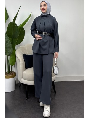 Tesettür Diyarı Kadın Dabıl Krep Kumaş Kemerli Takım -Antrasit