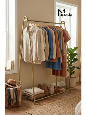 Oval Telli Gold Butik Elbise Askılığı Konfeksiyon Ayakkabılıklı Elbise Askılığı – Raflı Askı