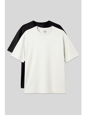 Air Jones Basic Oversize O Yaka 2li Paket Siyah-Ekru Erkek T-Shirt - 88377