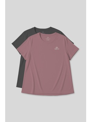 Tommy Life Rahat Form 2li Paket Koyu Gri-Gül Kurusu Battal Kadın T-Shirt - 97308