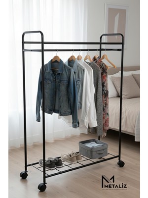 METALİZ Tekerlekli Elbise Askılığı  Raflı ve Taşınabilir Kıyafet Düzenleyici Stant Tekerli Siyah