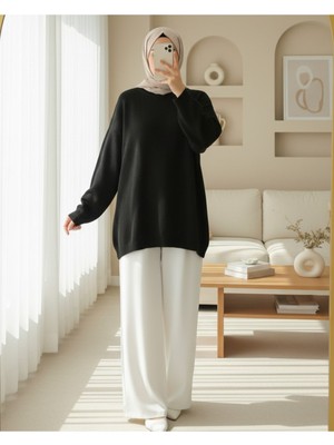 Modamorfo Yuvarlak Yaka Salaş Triko Kazak -Siyah