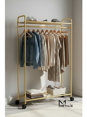 Tekerlekli Elbise Askılığı | Raflı ve Taşınabilir Kıyafet Düzenleyici Stant Tekerli Gold