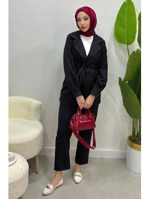 Tesettür Diyarı Kadın Çizgili Poliviskon Kumaş Ceketli Pantolonlu Takım-Siyah