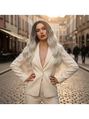 Zemira Fiber Sen Uzun Su Dalgası Peruk / Açık Siyah / Platin Ombreli