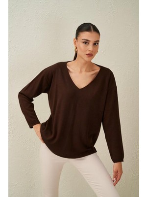 Tena Kadın Kahve V Yaka Salaş Triko Kazak